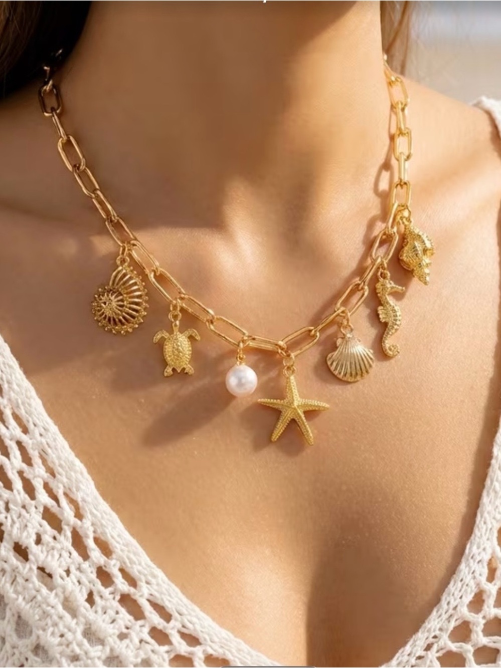 Gold Sea Charm Necklace with Pearl and Starfish Accents Paper Clip Chain